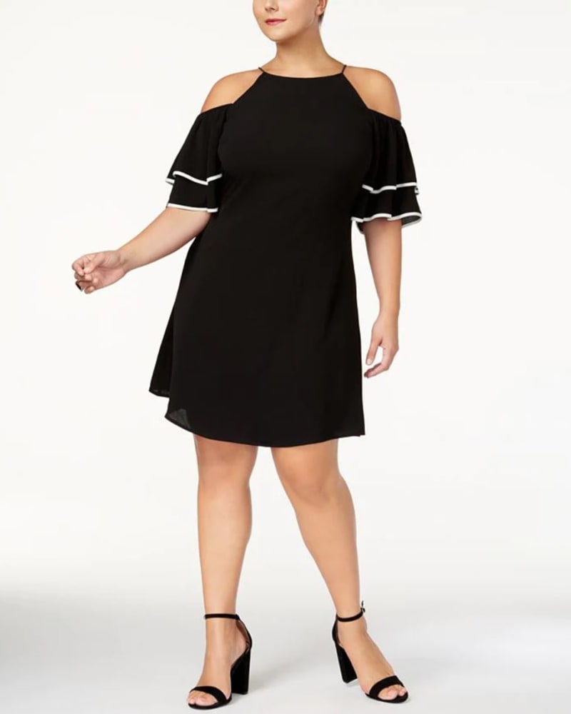 Front of a model wearing a size 3X Love Squared Women's Plus Cold Shoulder Ruffled Semi Formal Dress Black Size 3X in Black by Love Squared. | dia_product_style_image_id:313347